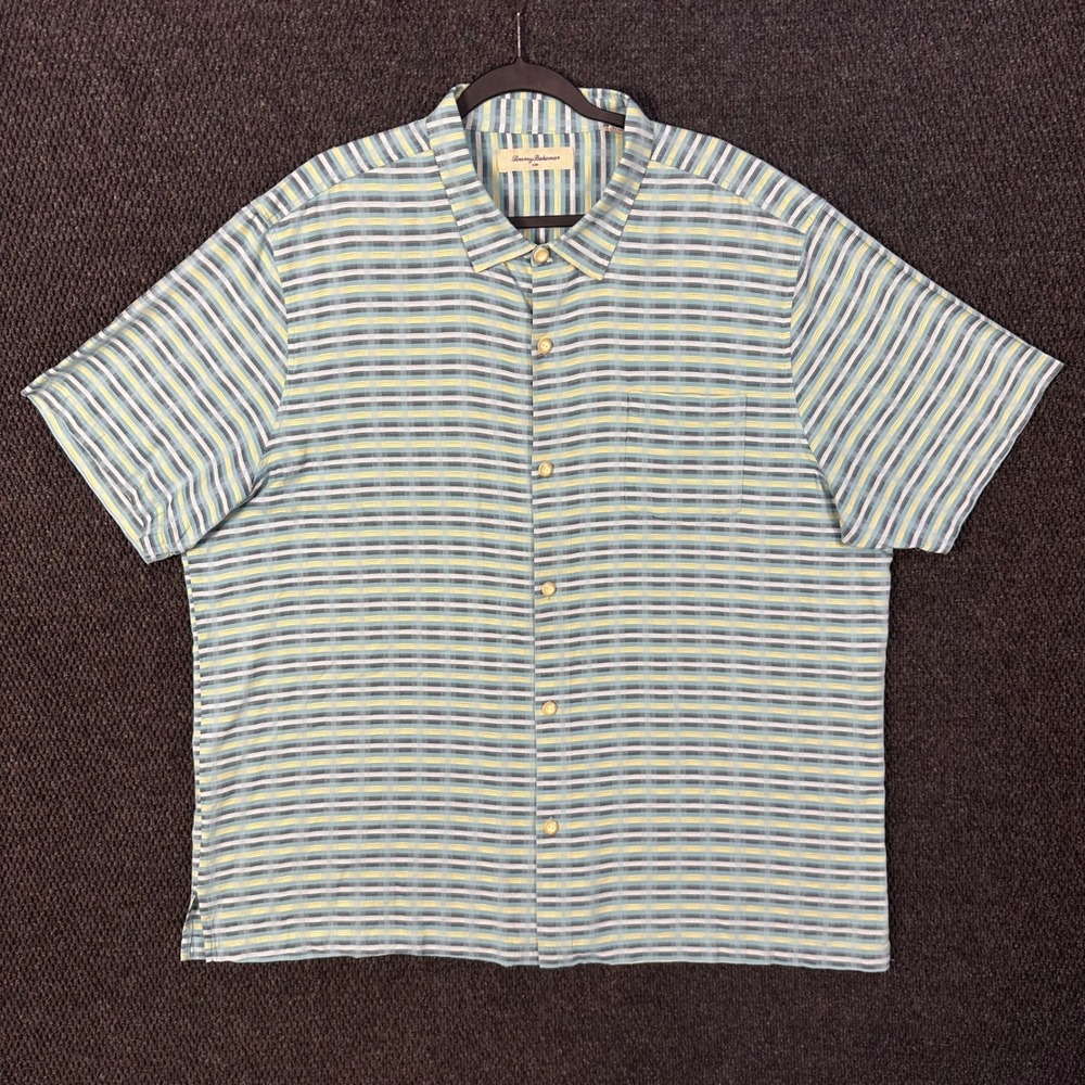 Tommy Bahama Silk Blend Striped Shirt Mens 3XL Blue Yellow Short Sleeve Vacation